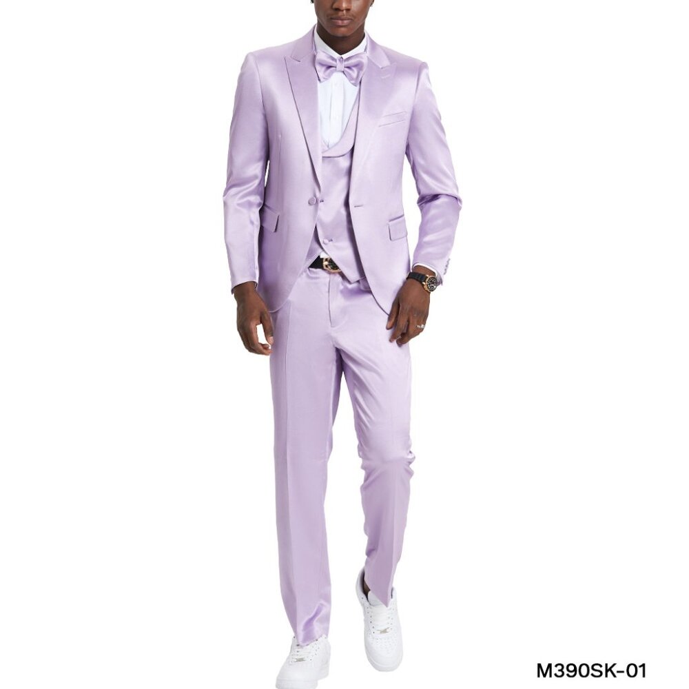 Lavender Satin Textured Peak Lapel 3 Piece Skinny Fit Tazzio Men's Suit